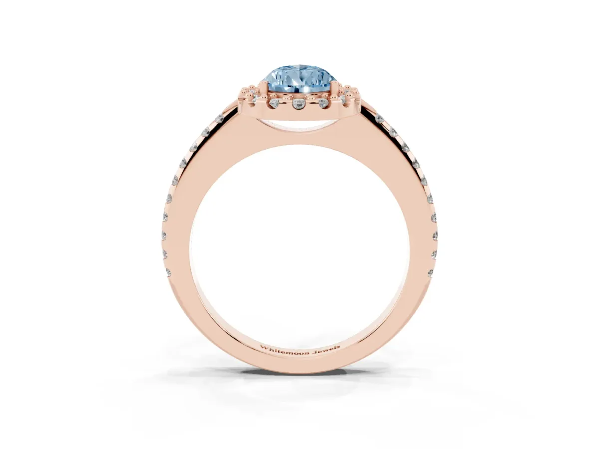 Fancy Blue Pear Cut Diamond Pavé Halo Ring with Four-Prong Setting Rose gold