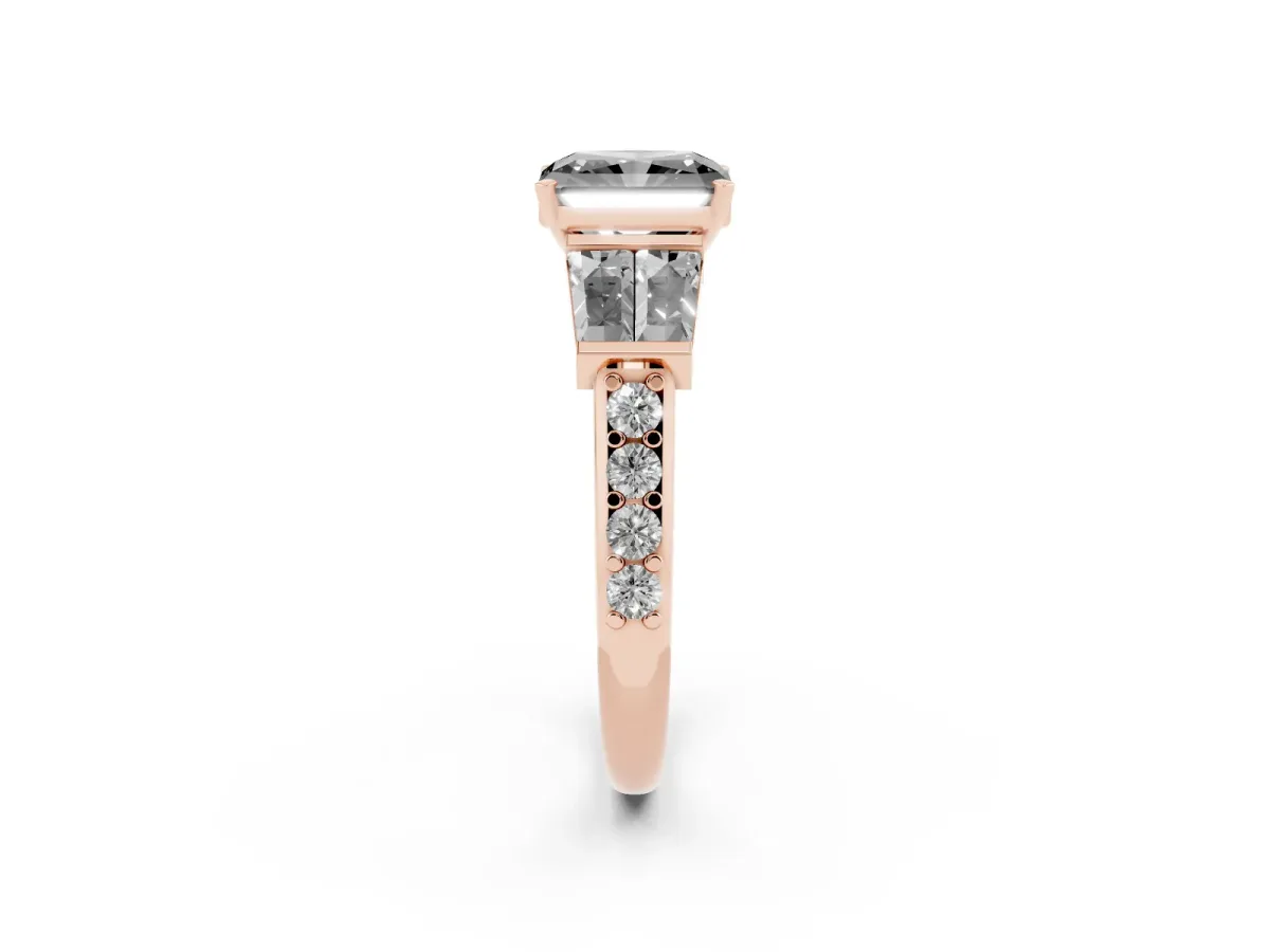 Fancy Black Radiant Cut Diamond Engagement Ring with Baguette Side Stones and Channel Set Band Rose gold