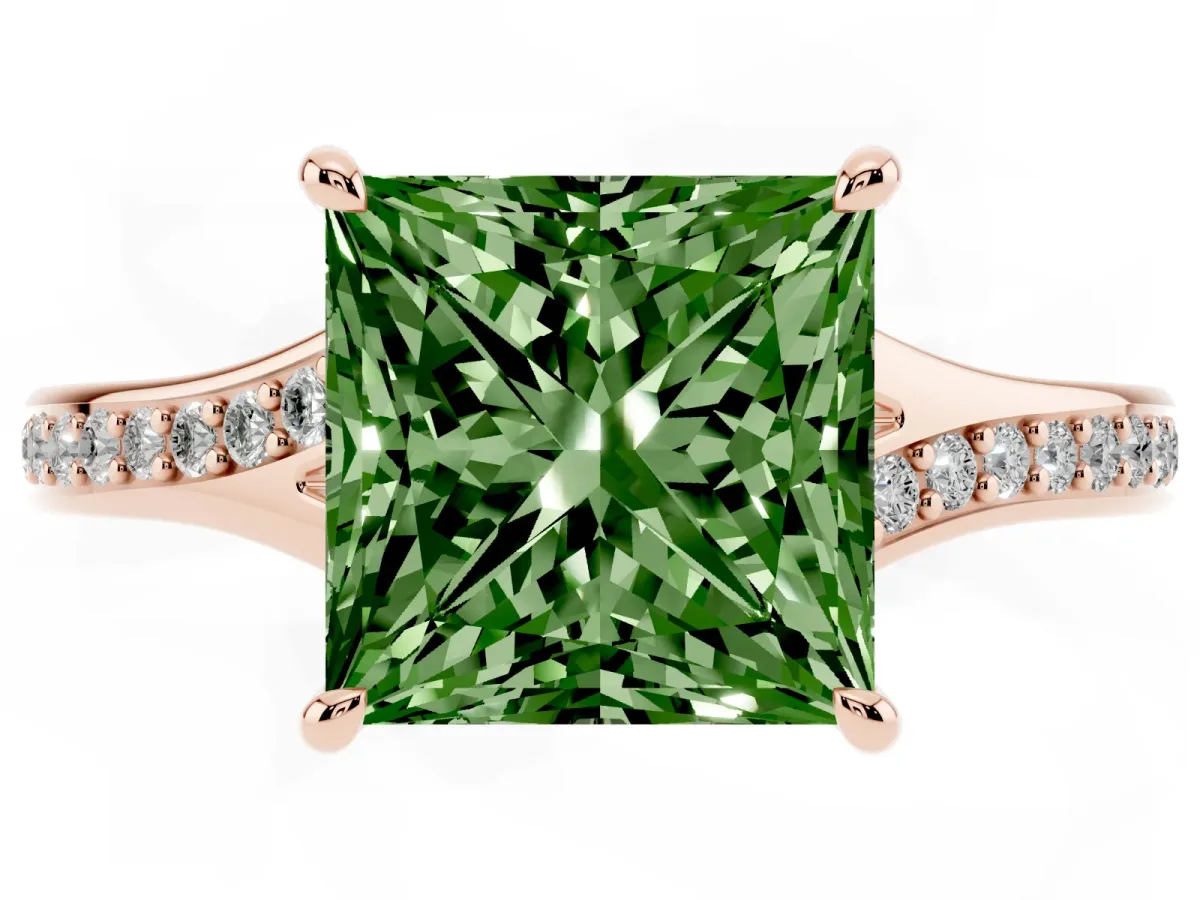 Fancy Green Princess Cut Diamond Solitaire Ring with Pavé Band and Prong Setting Rose gold