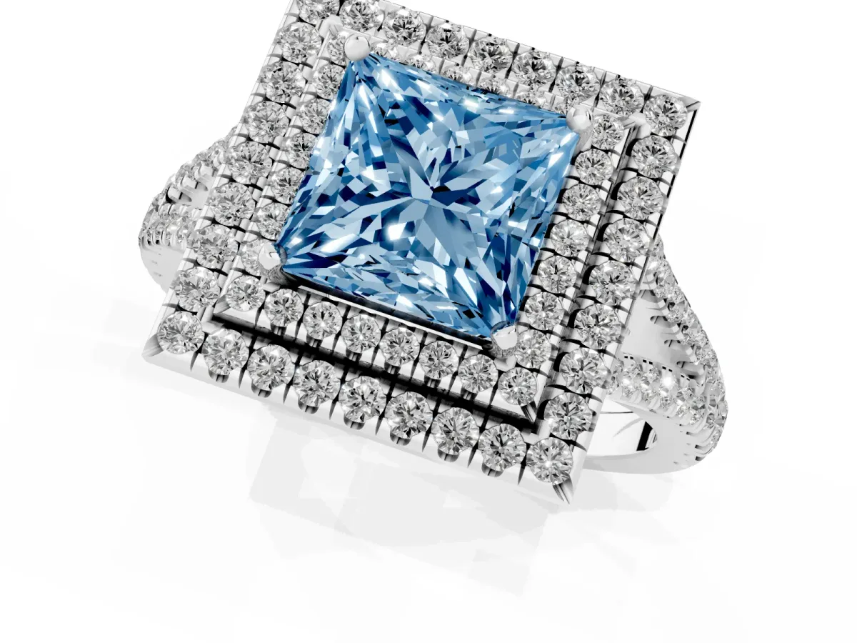 Fancy Blue Princess Cut Diamond Double Halo Ring with Pavé Band and Prong Setting Platinum