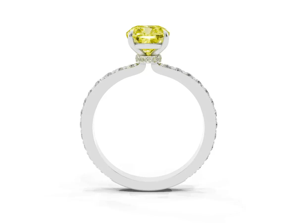 Fancy Yellow Cushion Cut Diamond Solitaire Engagement Ring with Pavé Band and Four-Prong Setting White gold