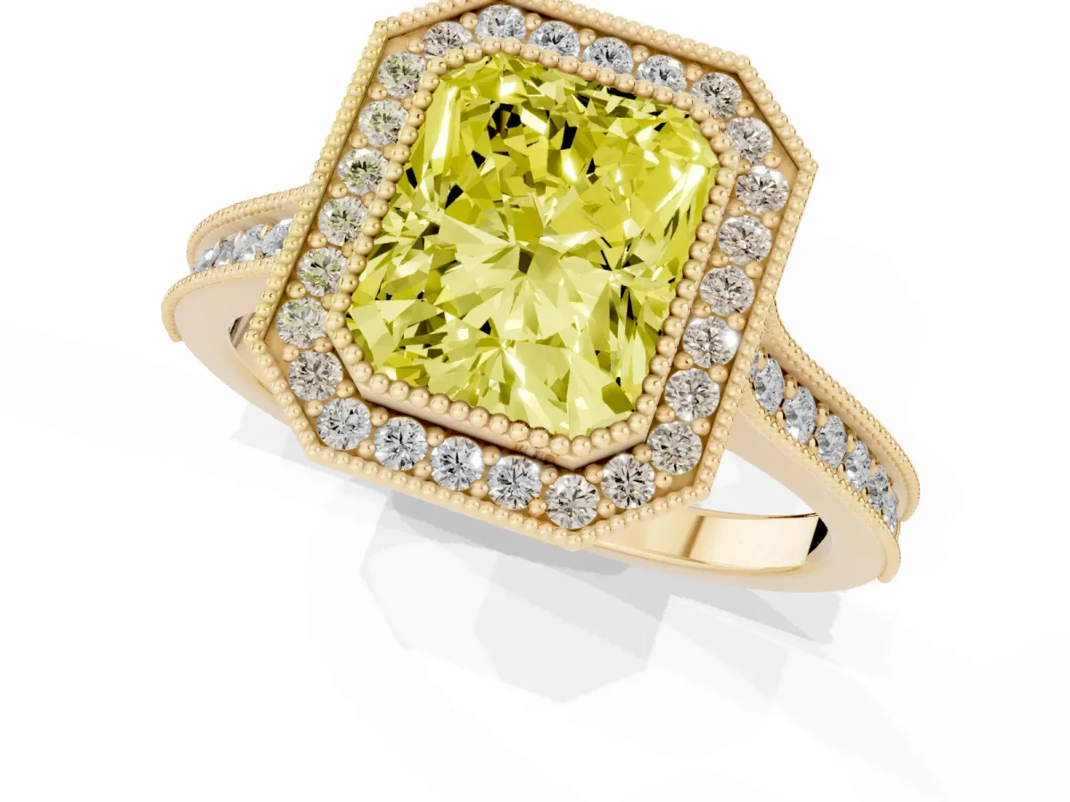 Fancy Yellow Halo Radiant Cut-Cut Diamond Pave Band Milgrain Prong Setting Ring Yellow gold