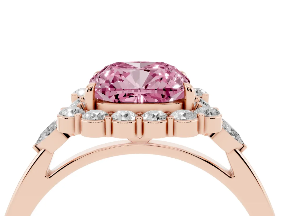 Fancy Pink Cushion Cut Diamond Halo Ring with Pear Side Stones and Prong Setting Rose gold