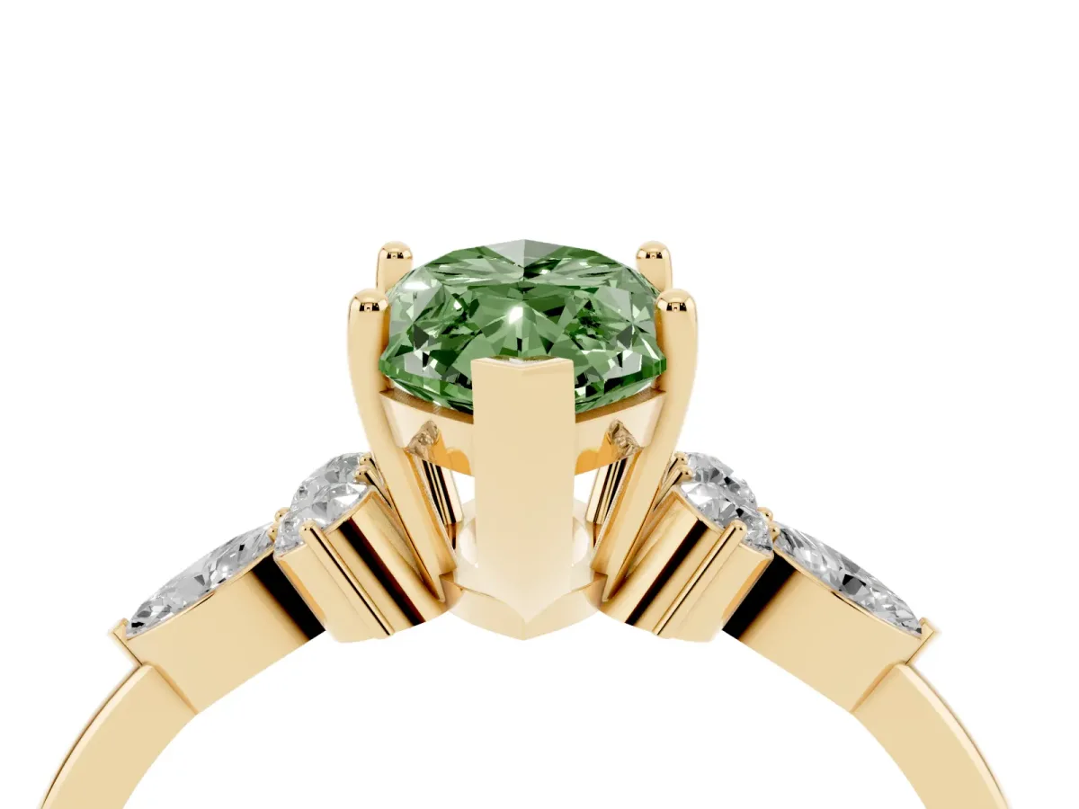 Fancy Green Marquise Cut Brilliant Diamond Solitaire Ring with Pear Side Stones and Four-Prong Setting Yellow gold