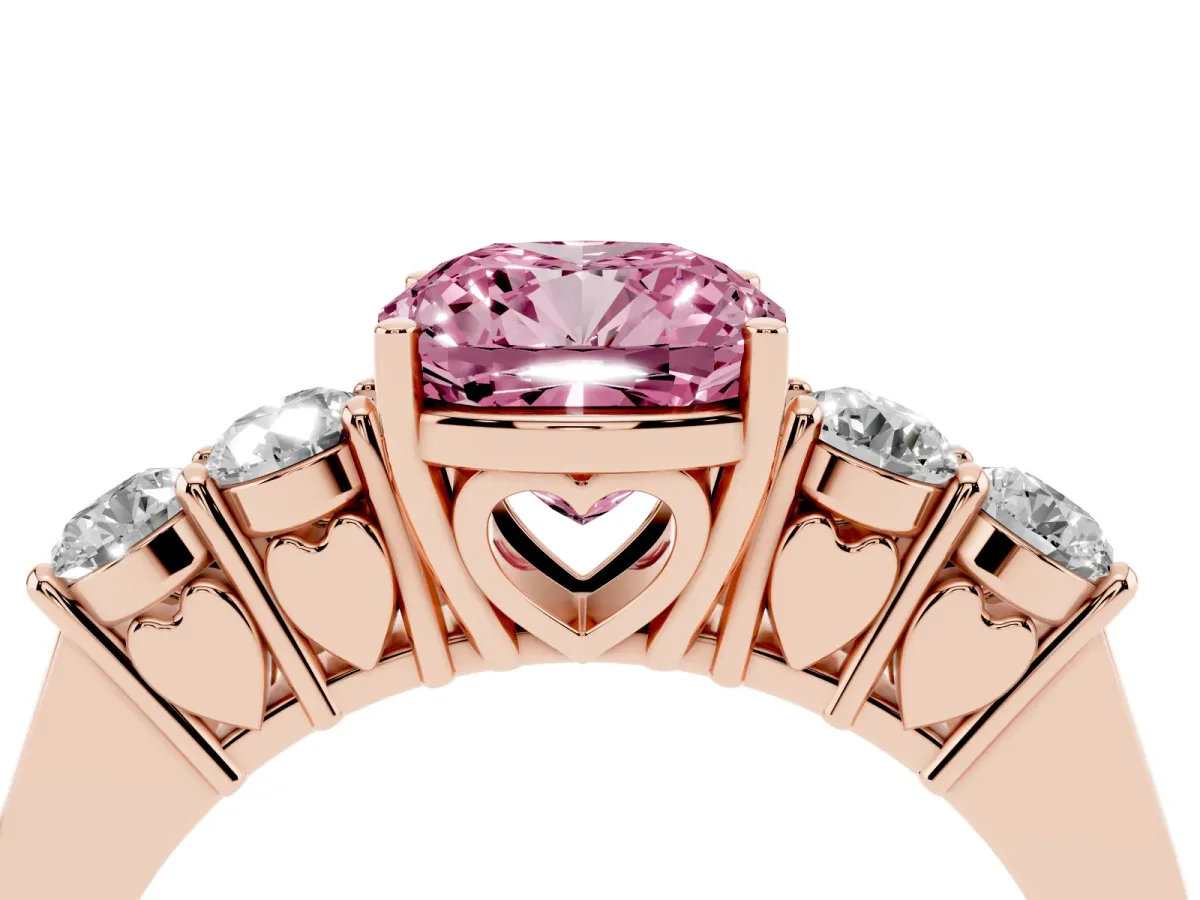 Fancy Pink Cushion Cut Cut Diamond Five-Stone Prong Set White Gold Ring Rose gold