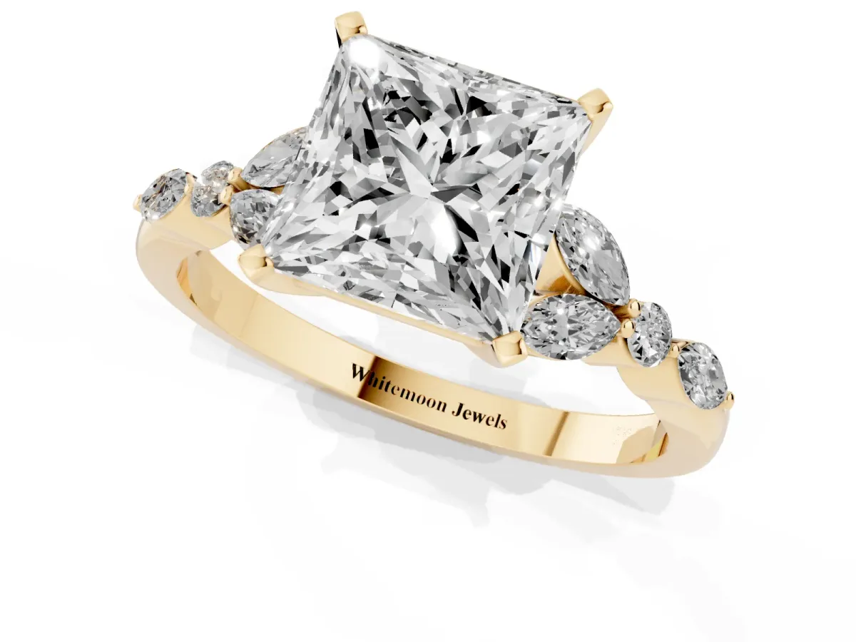 Princess Cut Diamond Solitaire Ring with Side Stones and Four-Prong Setting Yellow gold
