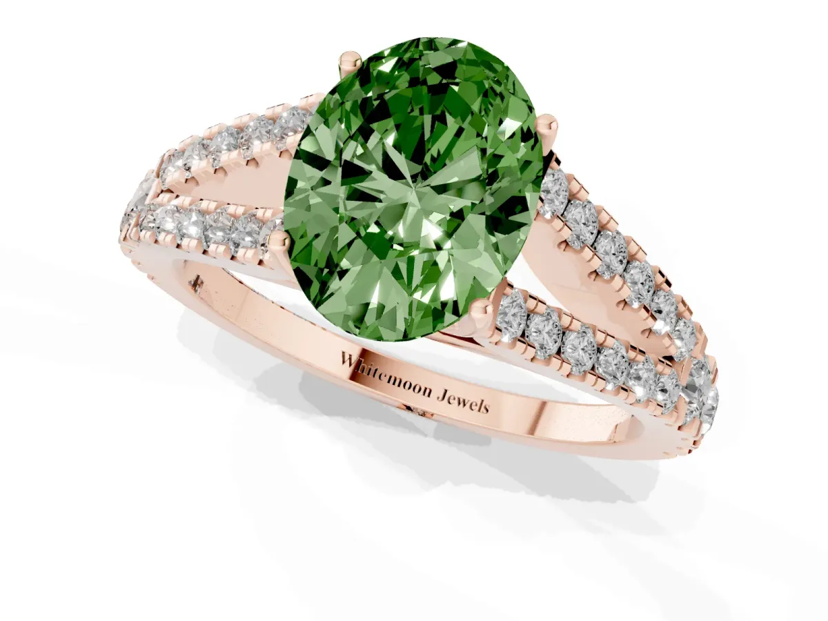 Fancy Green Oval Cut Diamond Split Shank Pavé Engagement Ring with Four-Prong Setting Rose gold