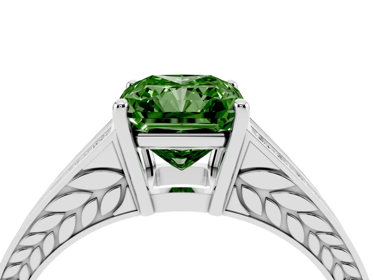 Fancy Green Radiant Cut Diamond Split Shank Ring with Pavé Band and Four-Prong Setting Platinum