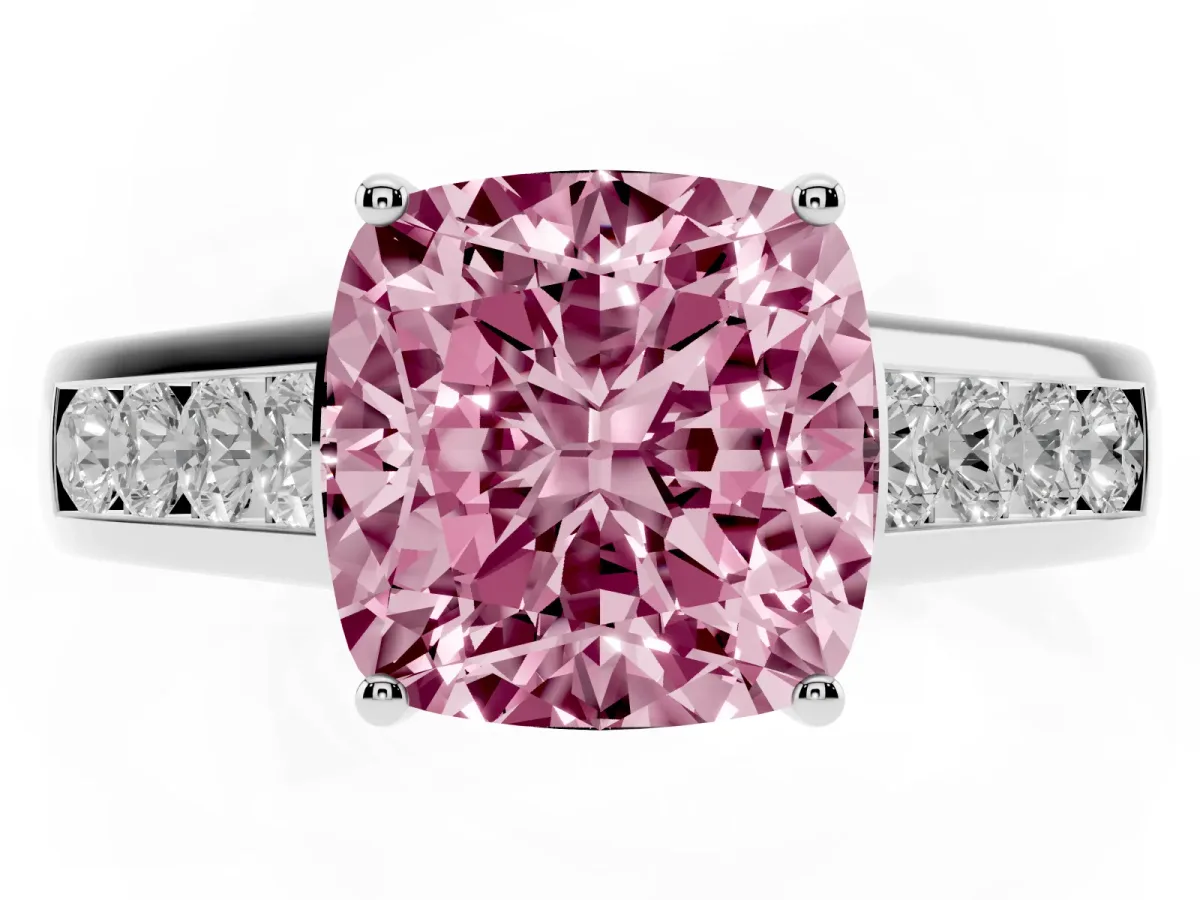 Fancy Pink Cushion Cut Solitaire Channel-Set Diamond Engagement Ring with Four-Prong Setting Silver
