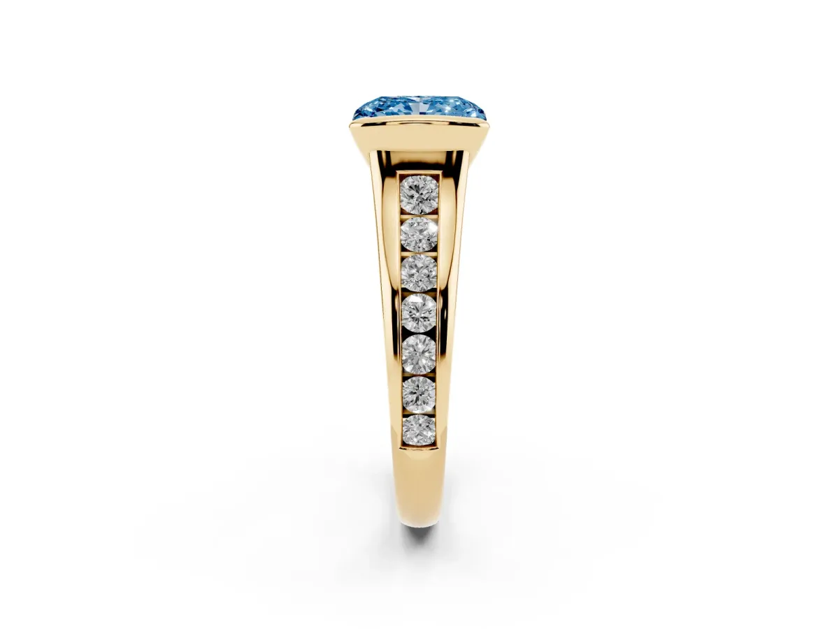 Fancy Blue Radiant Cut Solitaire Bezel-Set Diamond Ring with Channel-Set Band Yellow gold