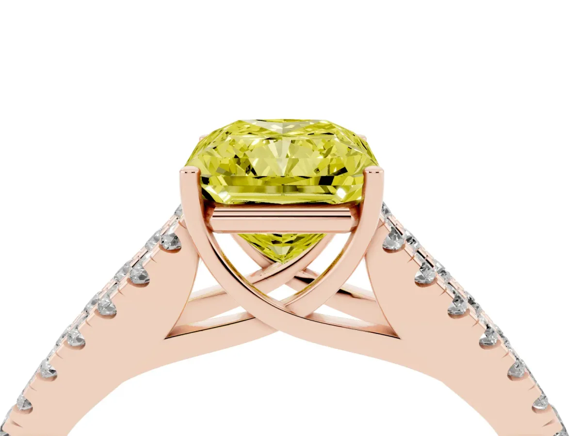 Fancy Yellow Radiant Cut Diamond Split Shank Pavé Engagement Ring with Four-Prong Setting Rose gold