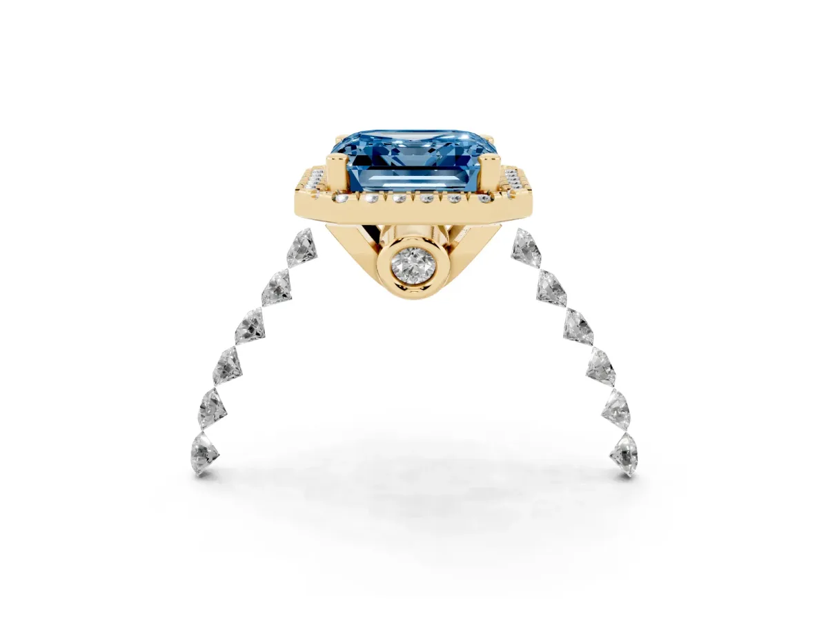 Fancy Blue Asscher Cut Halo Pavé Diamond Engagement Ring with Four-Prong Setting Yellow gold