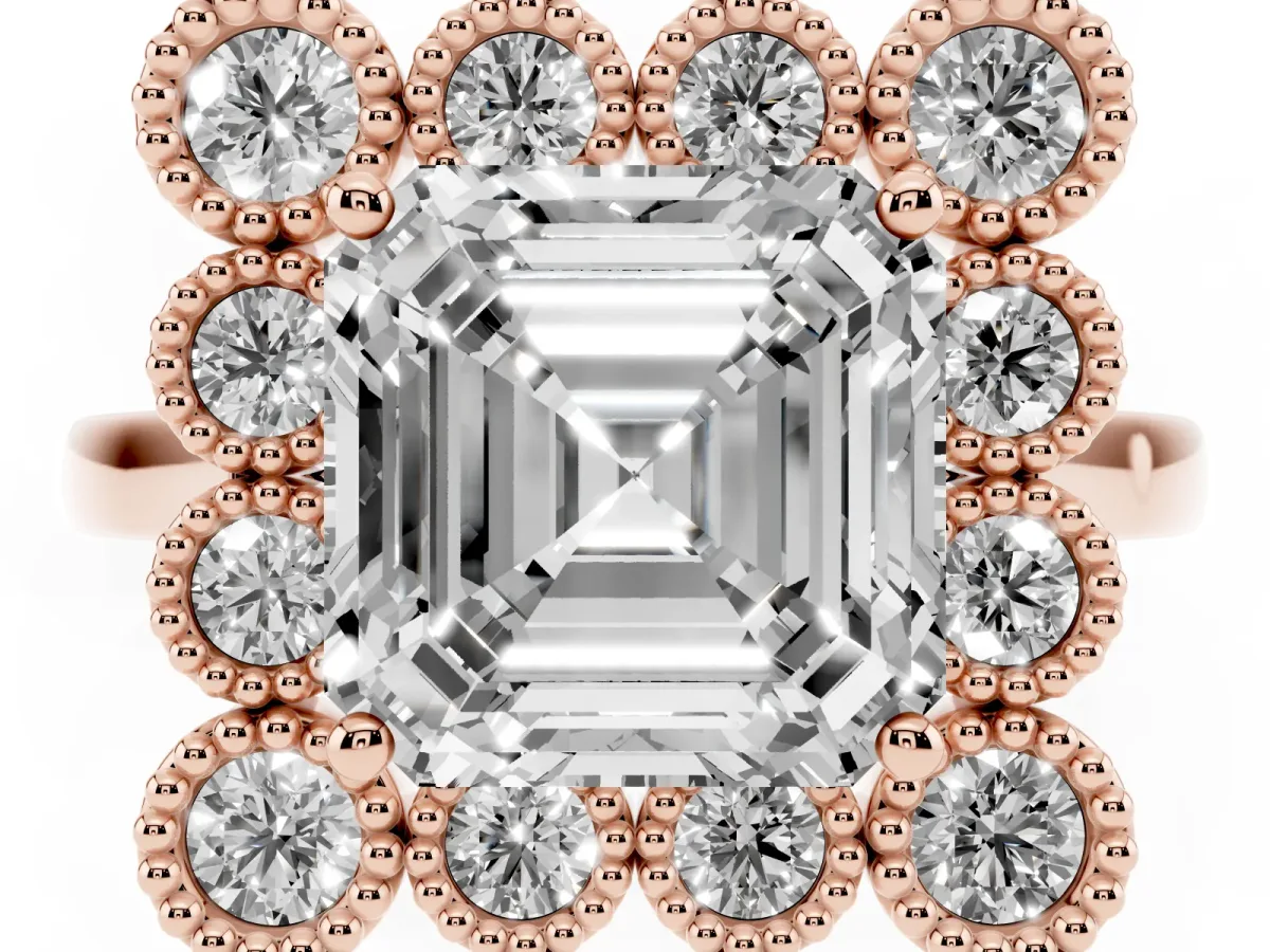 Asscher Cut Halo Diamond Cluster Engagement Ring with Milgrain Bezel Setting and Solitaire Band Rose gold