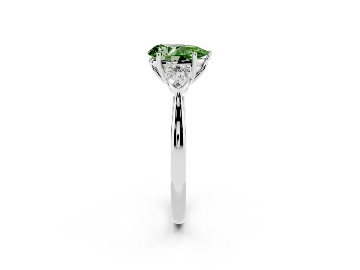 Fancy Green Pear Cut Diamond Three-Stone Ring with Pear Side Stones and Prong Setting Platinum