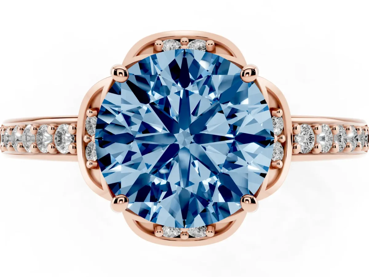 Fancy Blue Round Cut Cut Halo Diamond Ring with Channel Set Band and Four-Prong Setting Rose gold