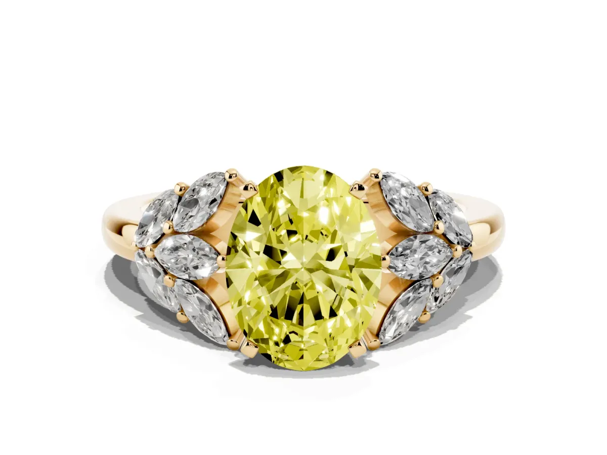 Fancy Yellow Oval Cut Diamond Cluster Leaf Design Ring with Prong Setting Yellow gold