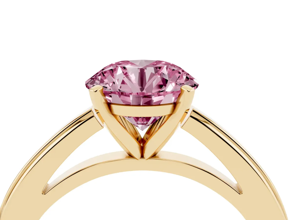 Fancy Pink Round Cut Solitaire Diamond Ring with Four-Prong Setting and Classic Band Yellow gold
