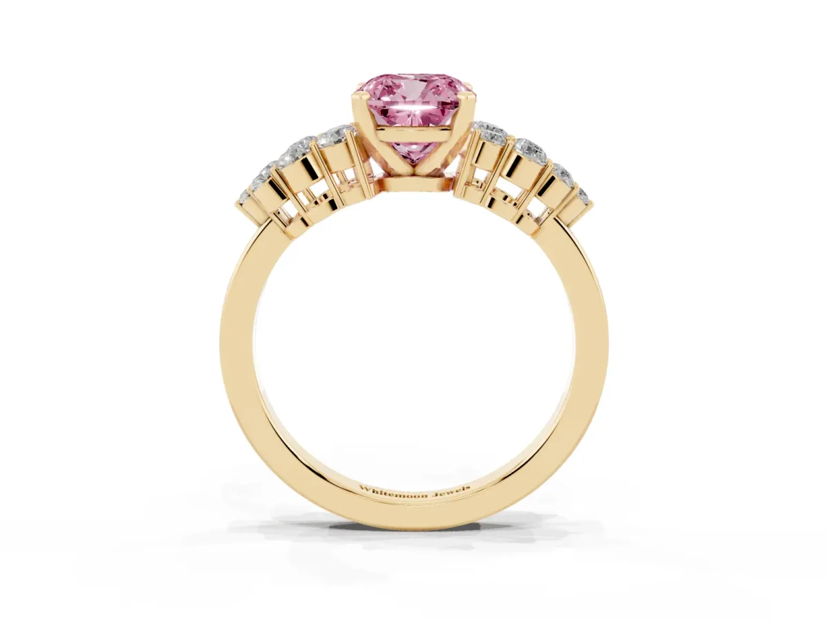 Fancy Pink Cushion Cut Cluster Diamond Engagement Ring with Pavé Band and Four-Prong Setting Yellow gold
