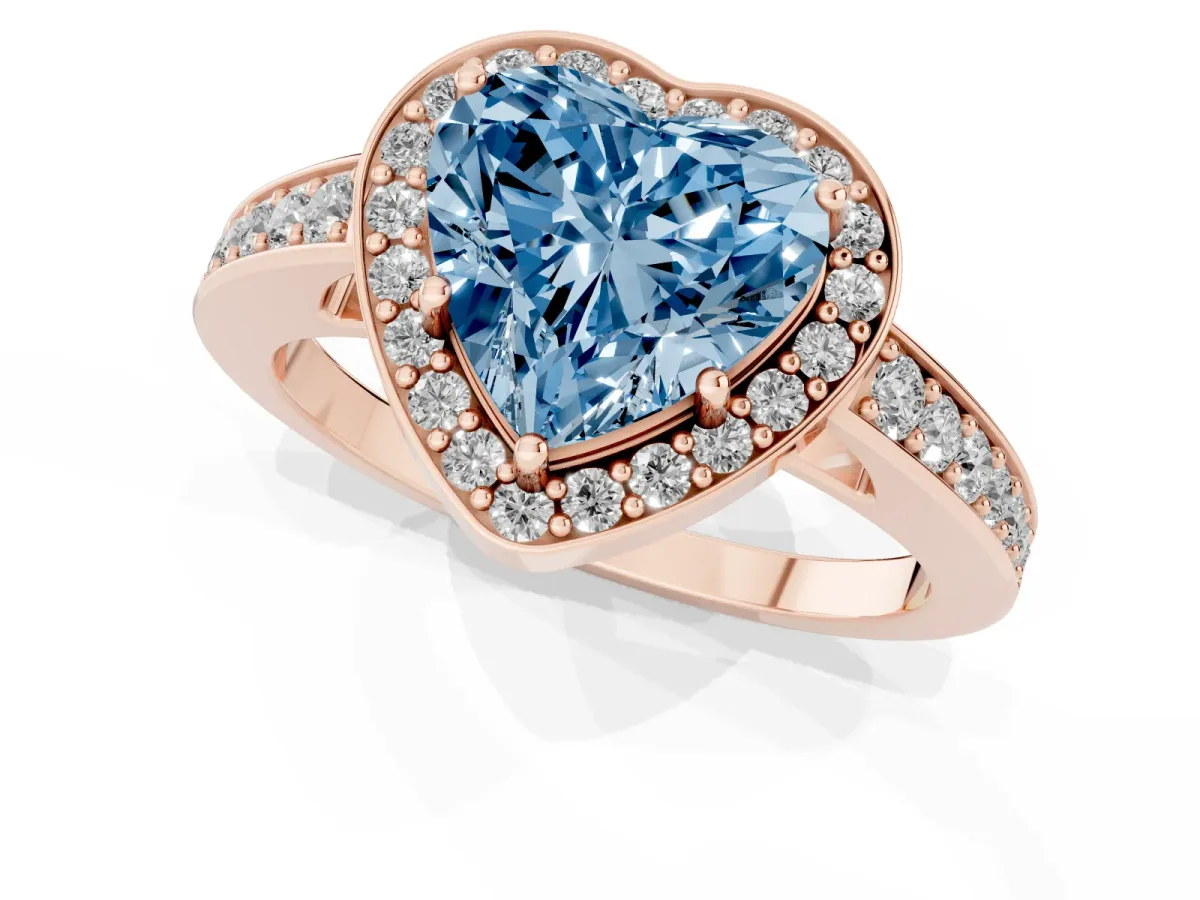 Fancy Blue Heart Cut Halo Pavé Diamond Engagement Ring with Bezel Setting Rose gold
