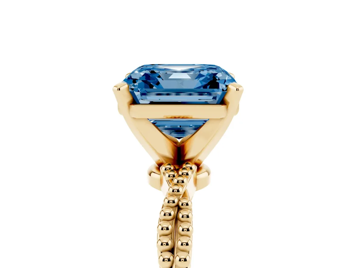 Fancy Blue Asscher Cut Solitaire Twisted Band with Bead Prong Setting Yellow gold