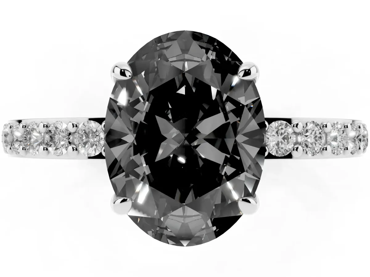 Fancy Black Oval Cut Diamond Pavé Engagement Ring with Round Accents and Prong Setting Silver