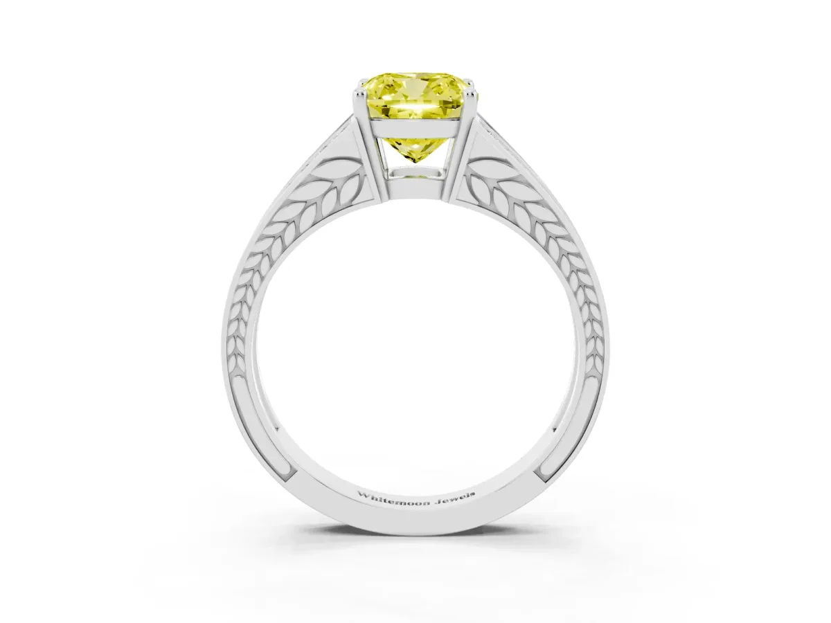 Fancy Yellow Cushion Cut Diamond Split Shank Ring with Pavé Band and Four-Prong Setting White gold