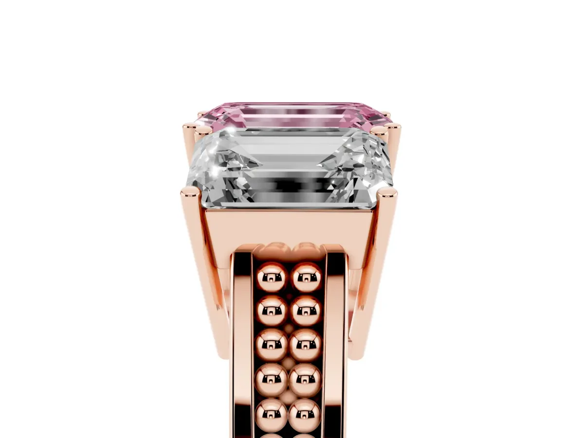Fancy Pink Emerald Cut Diamond Three-Stone Ring with Prong Setting and Textured Band Rose gold