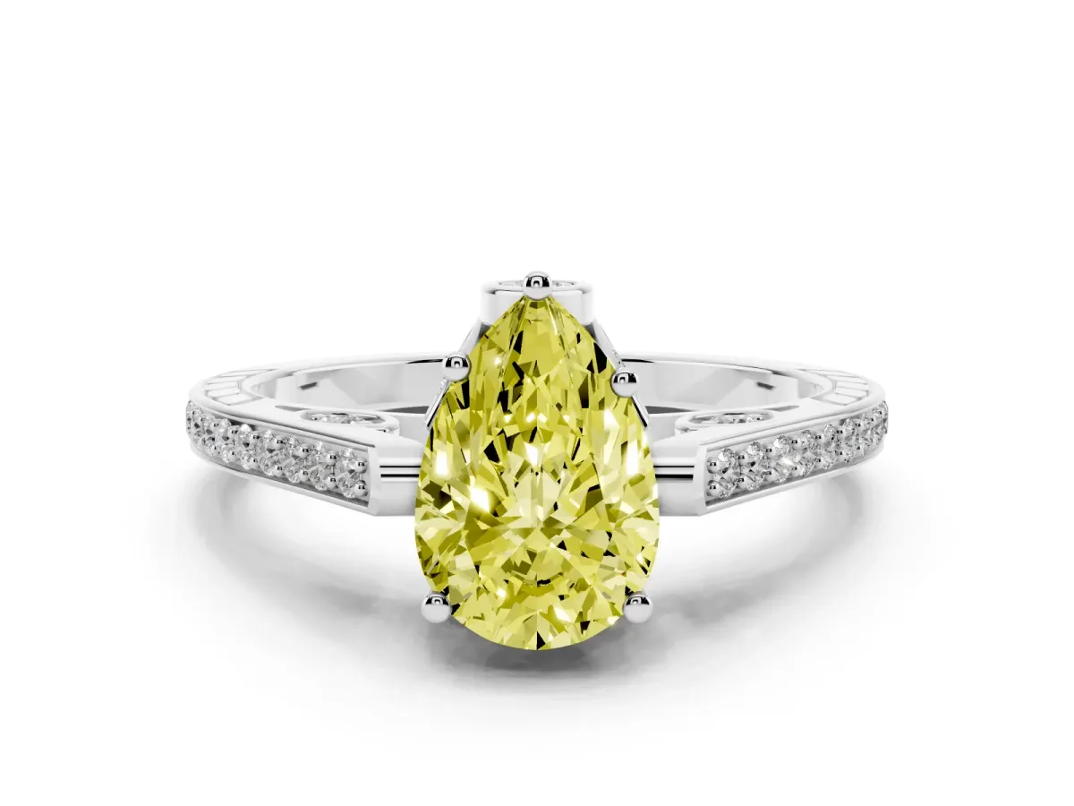 Fancy Yellow Pear Cut Cut Cathedral Pave Diamond Engagement Ring with Six-Prong Setting Silver