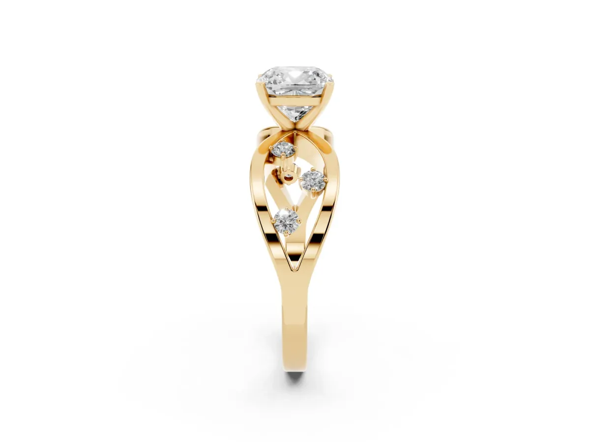 Cushion Cut Cut Solitaire Diamond with Side Stones on Criss-Cross Band and Four-Prong Setting Yellow gold