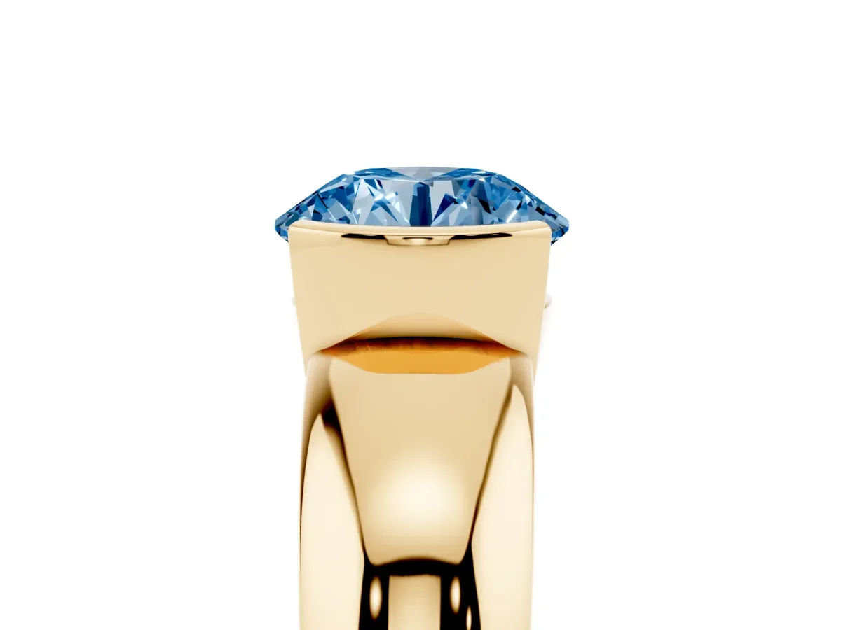 Fancy Blue Round Cut Solitaire Tension Set Diamond Ring with Wide Band Yellow gold