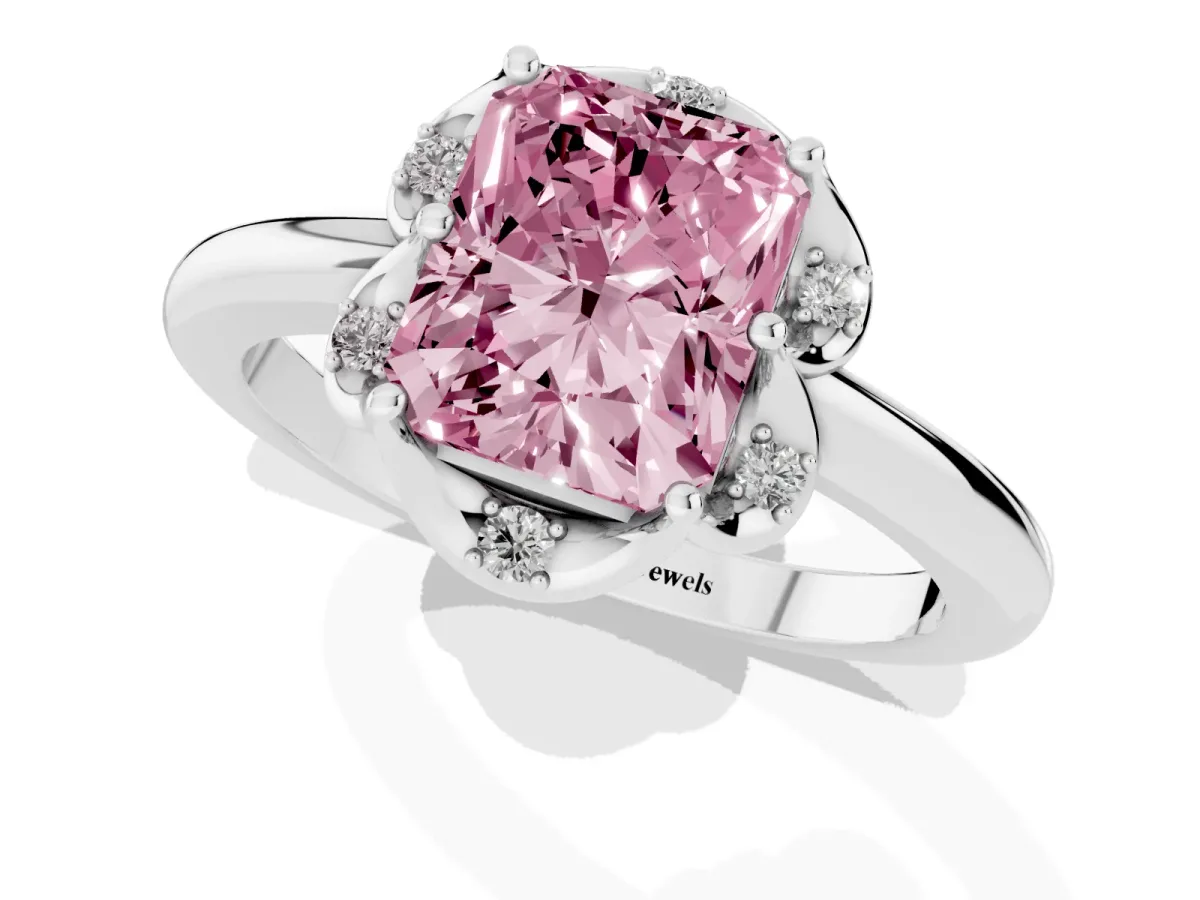 Fancy Pink Radiant Cut Halo Diamond Ring with Round Cluster Setting, Solitaire Band, and Four-Prong Setting White gold