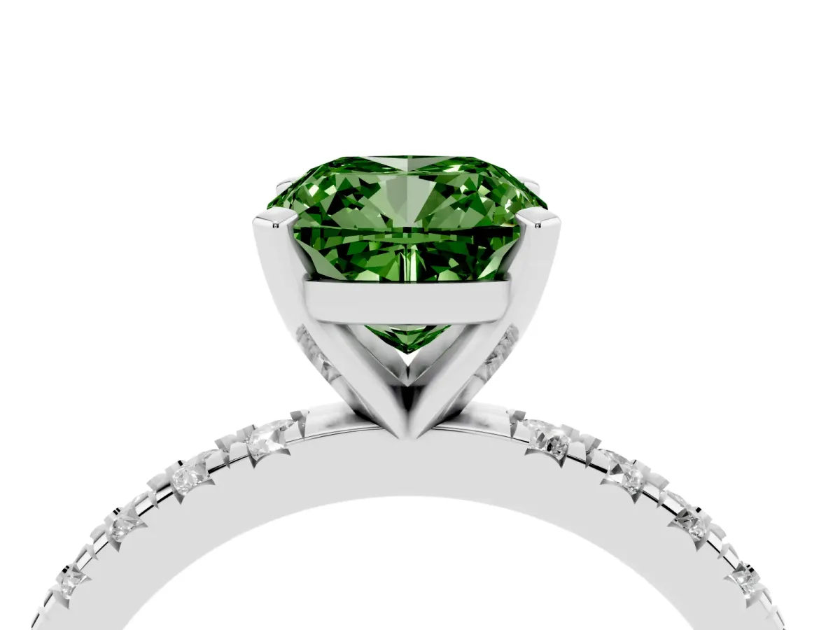 Fancy Green Cushion Cut Diamond Pavé Band Solitaire with Four-Prong Setting Silver