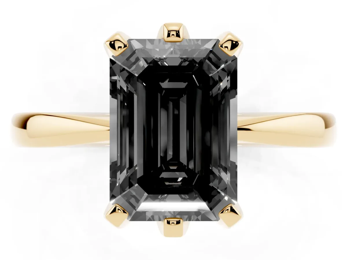 Fancy Black Emerald Cut Solitaire Engagement Ring with Six-Prong Setting and Tapered Band Yellow gold