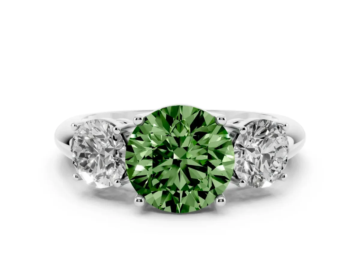 Fancy Green Three-Stone Round Cut Cut Diamond Engagement Ring with Prong Setting on a White Gold Band Silver