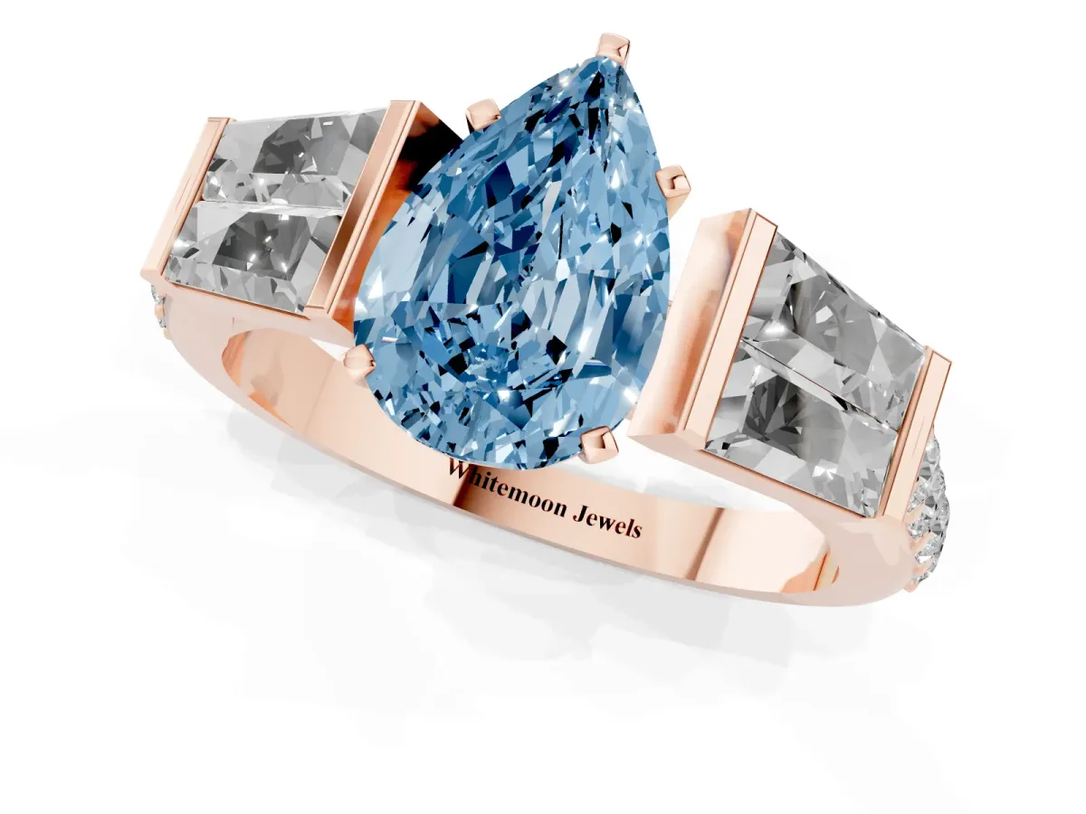 Fancy Blue Pear Cut Diamond Engagement Ring with Baguette Side Stones and Channel Set Band Rose gold