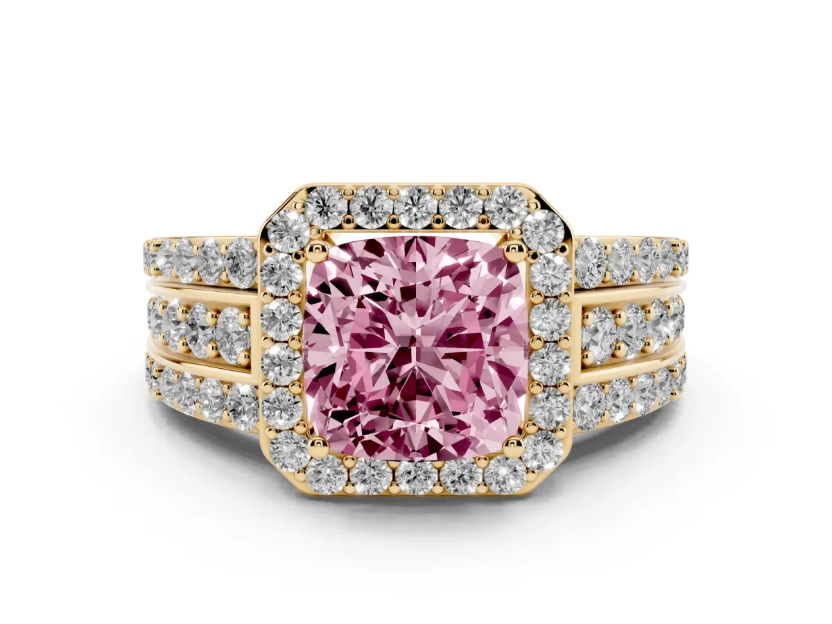 Fancy Pink Cushion Cut Halo Diamond Ring with Round Split Shank and Prong Setting Yellow gold