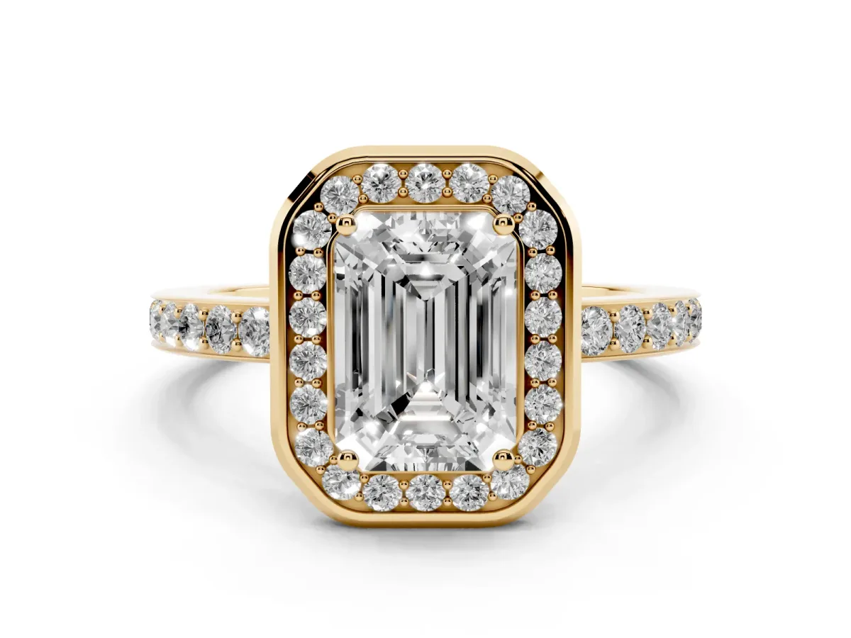 Emerald Cut Diamond Halo Ring with Bezel Frame and Pavé Band Yellow gold