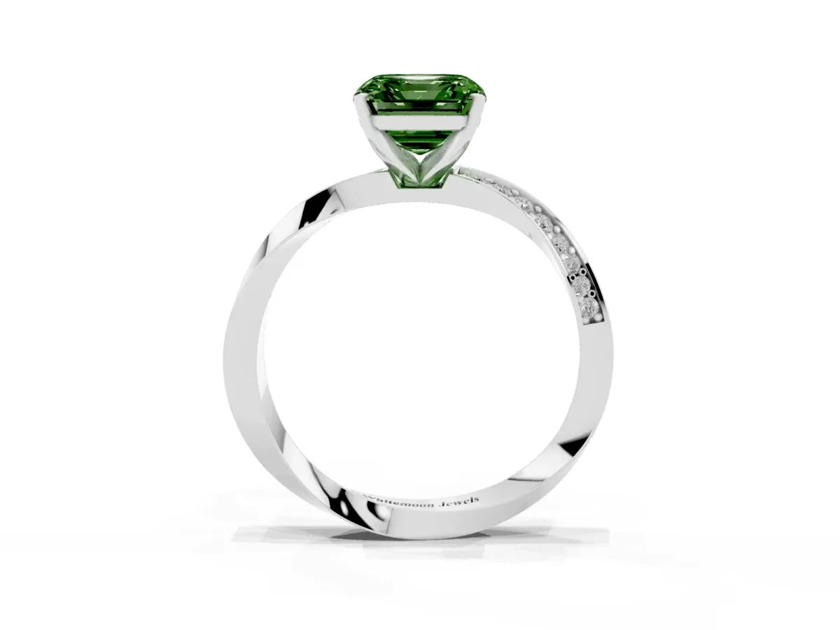 Fancy Green Asscher Cut Diamond Engagement Ring with Side Stone Accents and Four-Prong Setting Platinum