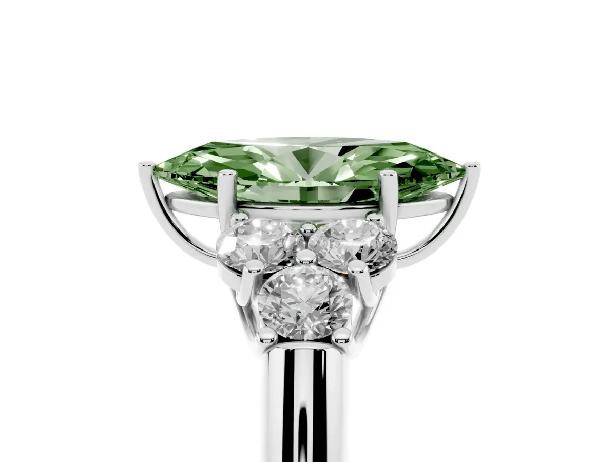 Fancy Green Marquise Cut Cut Diamond Cluster Ring with Round Accent Stones and Prong Setting on a Classic Band White gold