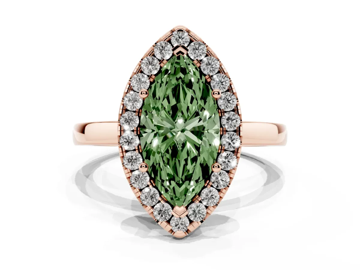 Fancy Green Marquise Cut Halo Diamond Solitaire with Pavé Band and Four-Prong Setting Rose gold