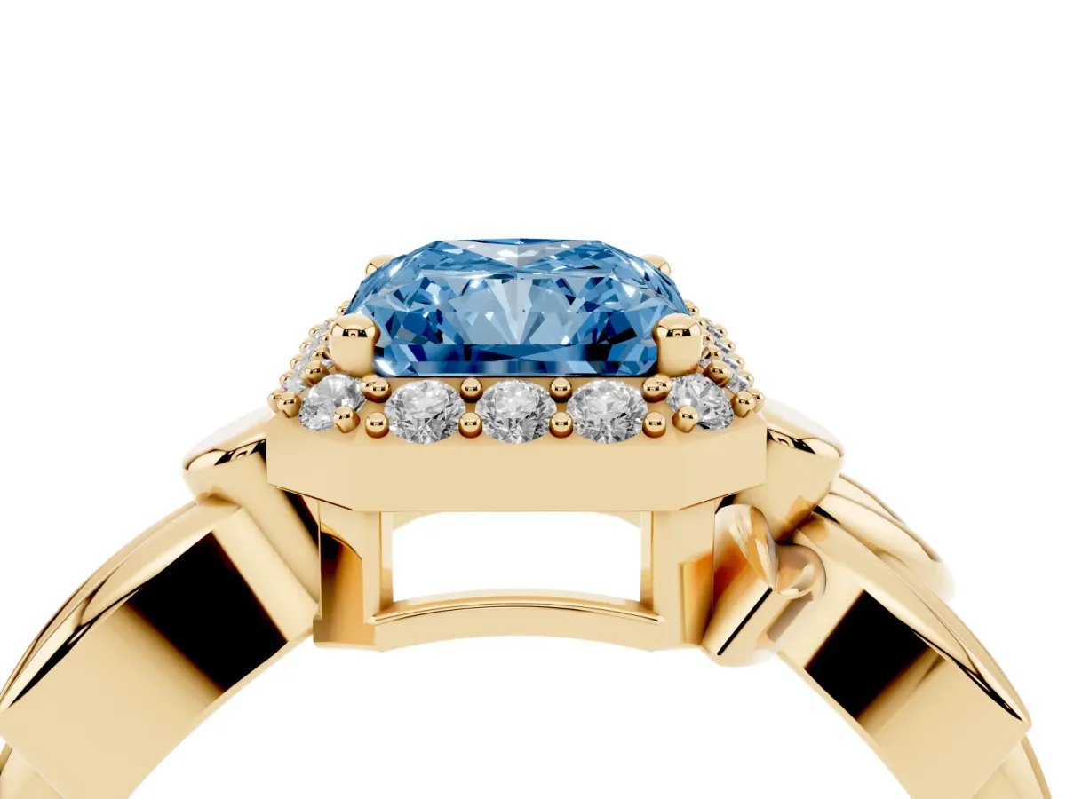 Fancy Blue Radiant Cut Halo Diamond Floral Band with Four-Prong Setting Yellow gold