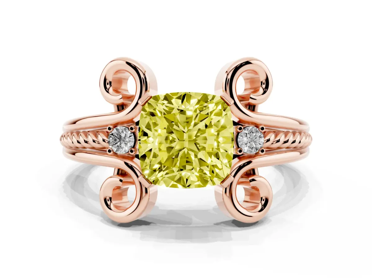 Fancy Yellow Cushion Cut Solitaire Twisted Band Scroll Prong Ring Rose gold