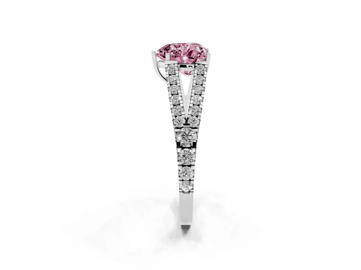 Fancy Pink Heart Cut Diamond Split Shank Pavé Engagement Ring with Four-Prong Setting Platinum