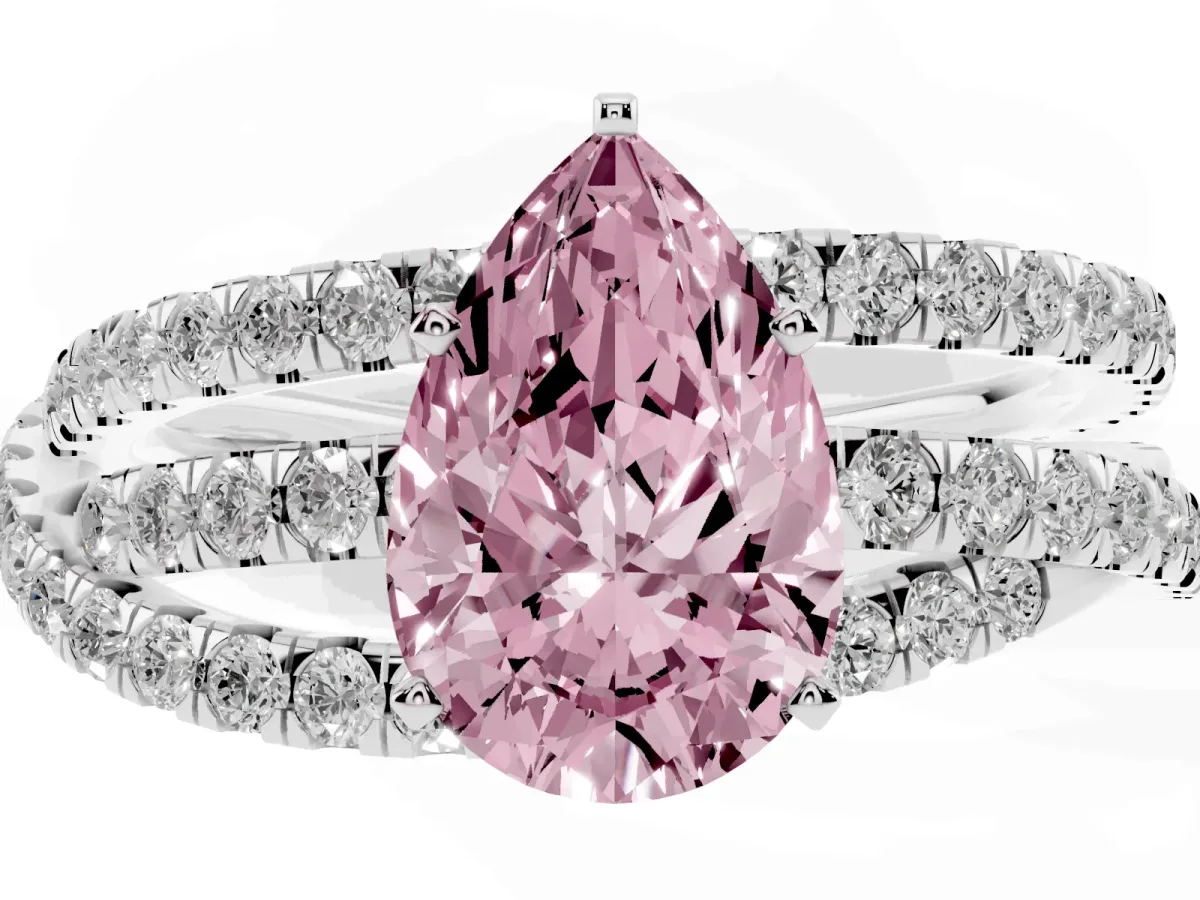 Fancy Pink Pear Cut Solitaire Twist Band with Pavé Setting and Four-Prong Setting Silver