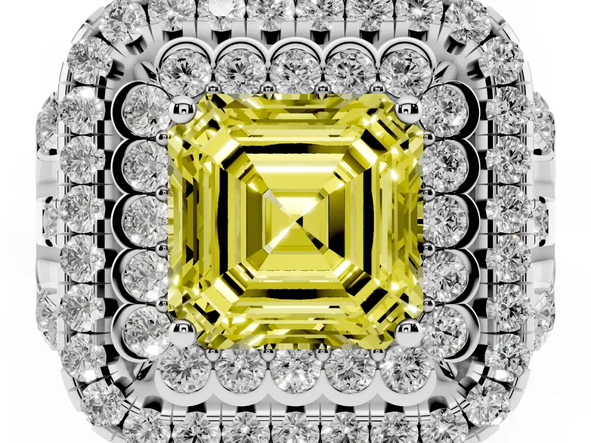 Fancy Yellow Asscher Cut Diamond Double Halo Ring with Round Pavé Split Shank and Prong Setting Silver