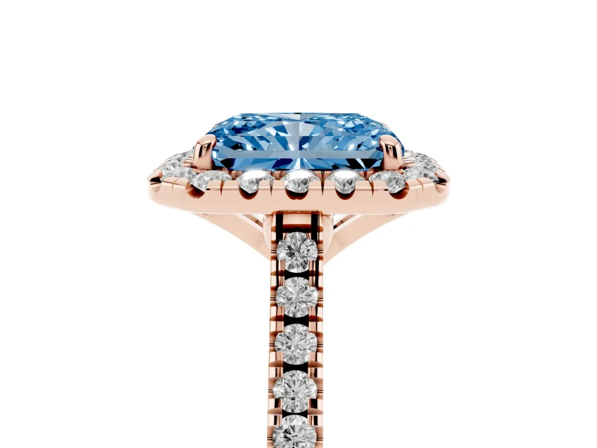 Fancy Blue Radiant Cut Diamond Cushion Halo Ring with Pavé Band Rose gold