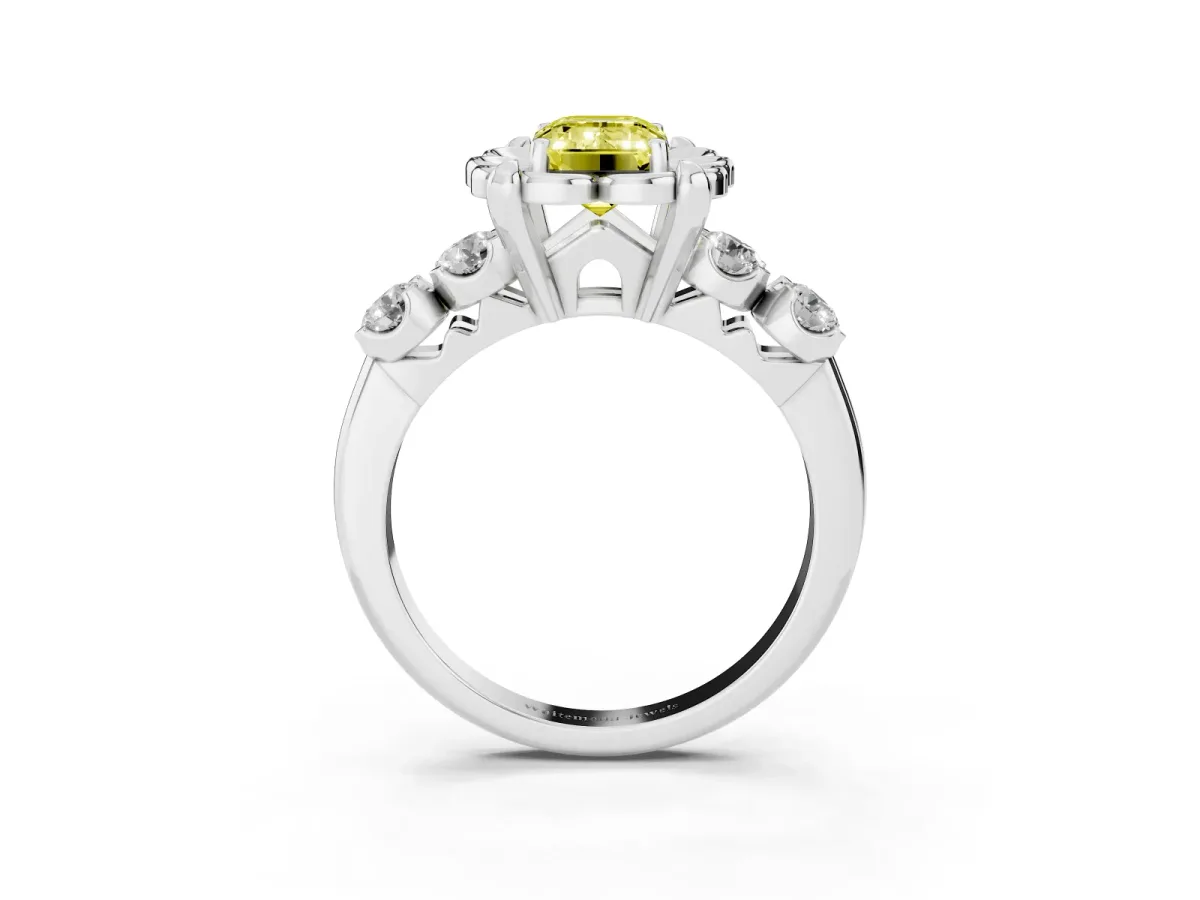 Fancy Yellow Emerald Cut Cut Diamond Floral Halo Engagement Ring with Shared Prong Setting Silver