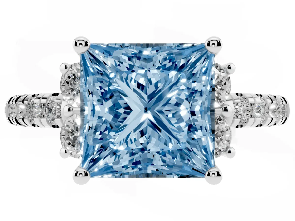 Fancy Blue Princess Cut Diamond Three-Stone Pave Band with Four-Prong Setting Silver