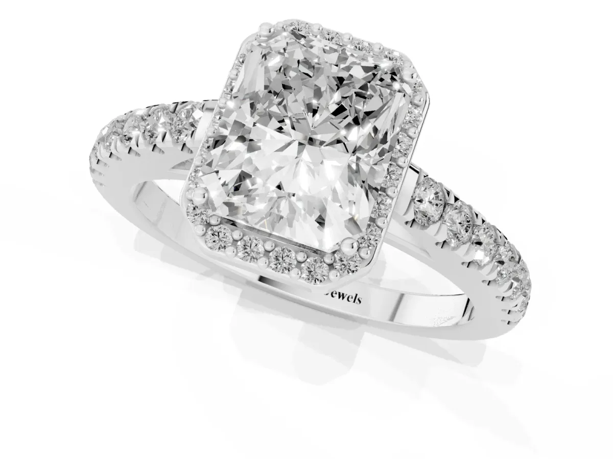 Radiant Cut Cut Halo Diamond Engagement Ring with Pave Band and Four-Prong Setting Silver