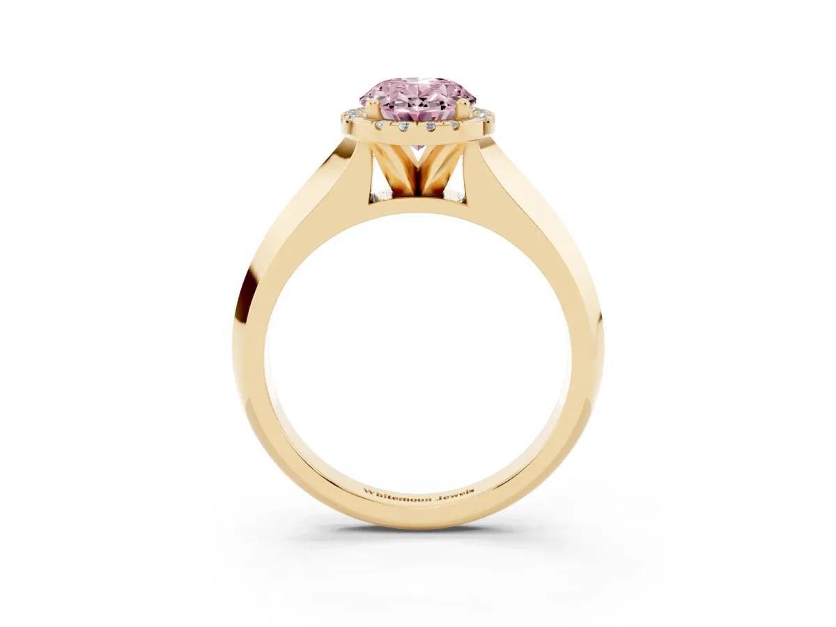 Fancy Pink Oval Cut Halo Diamond Ring with Cathedral Band and Four-Prong Setting Yellow gold